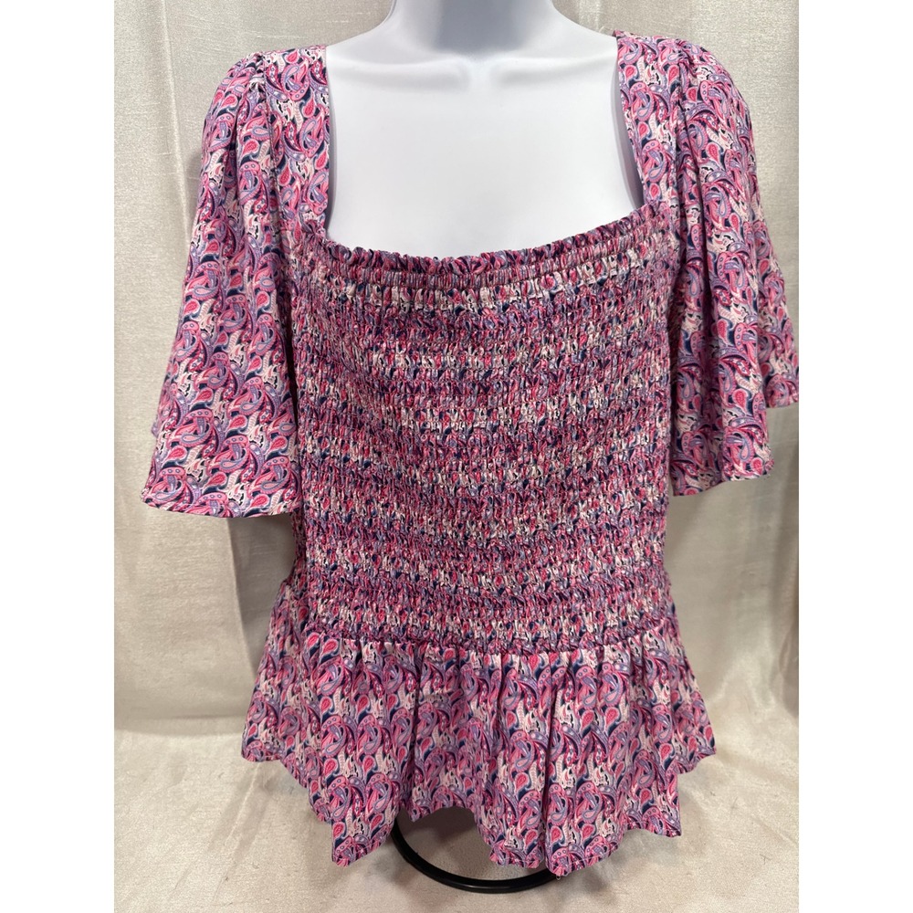Simply Southern Paisley Smocked Peplum Blouse Pink‎ Purple XL 0123-SHIRDSSBLOUSE